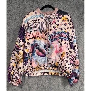 Bershka Graffiti Art Bomber Jacket Pink Leopard Print Full Zip Size XS